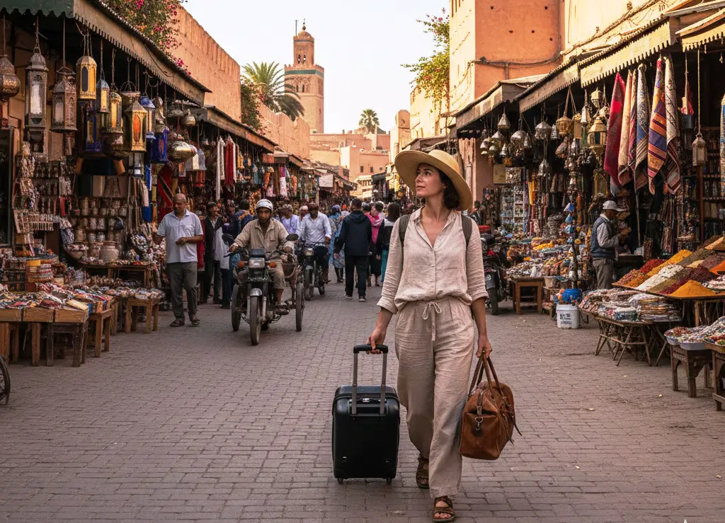 Traveler with luggage navigating the streets near Marrakech's medina